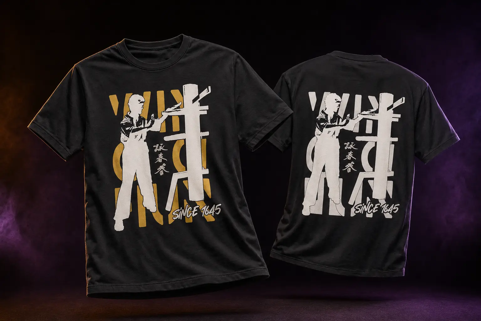 Mockup de tee-shirts noirs The Temple avec le visuel Wing Chun